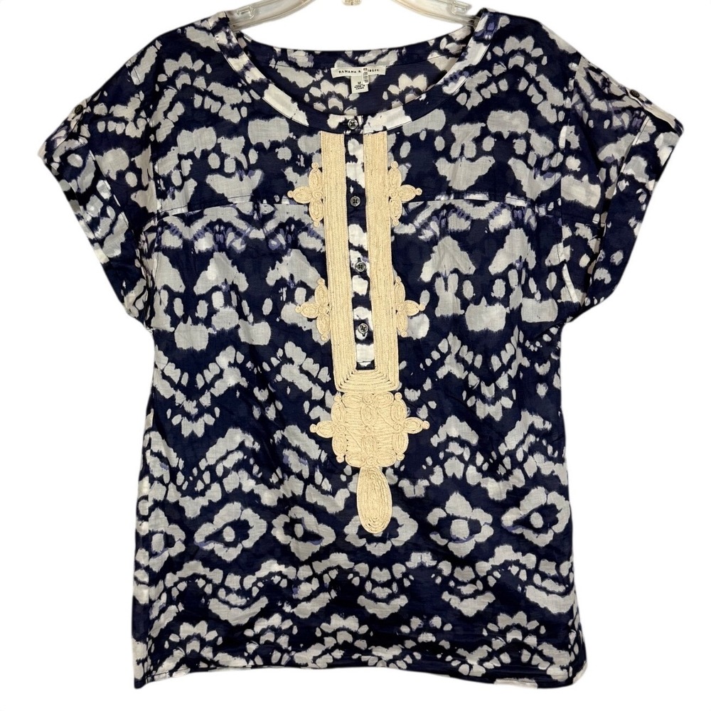 Banana Republic Navy White Ikat Print Tunic, Blouse, Cap Sleeves Crochet, Size M